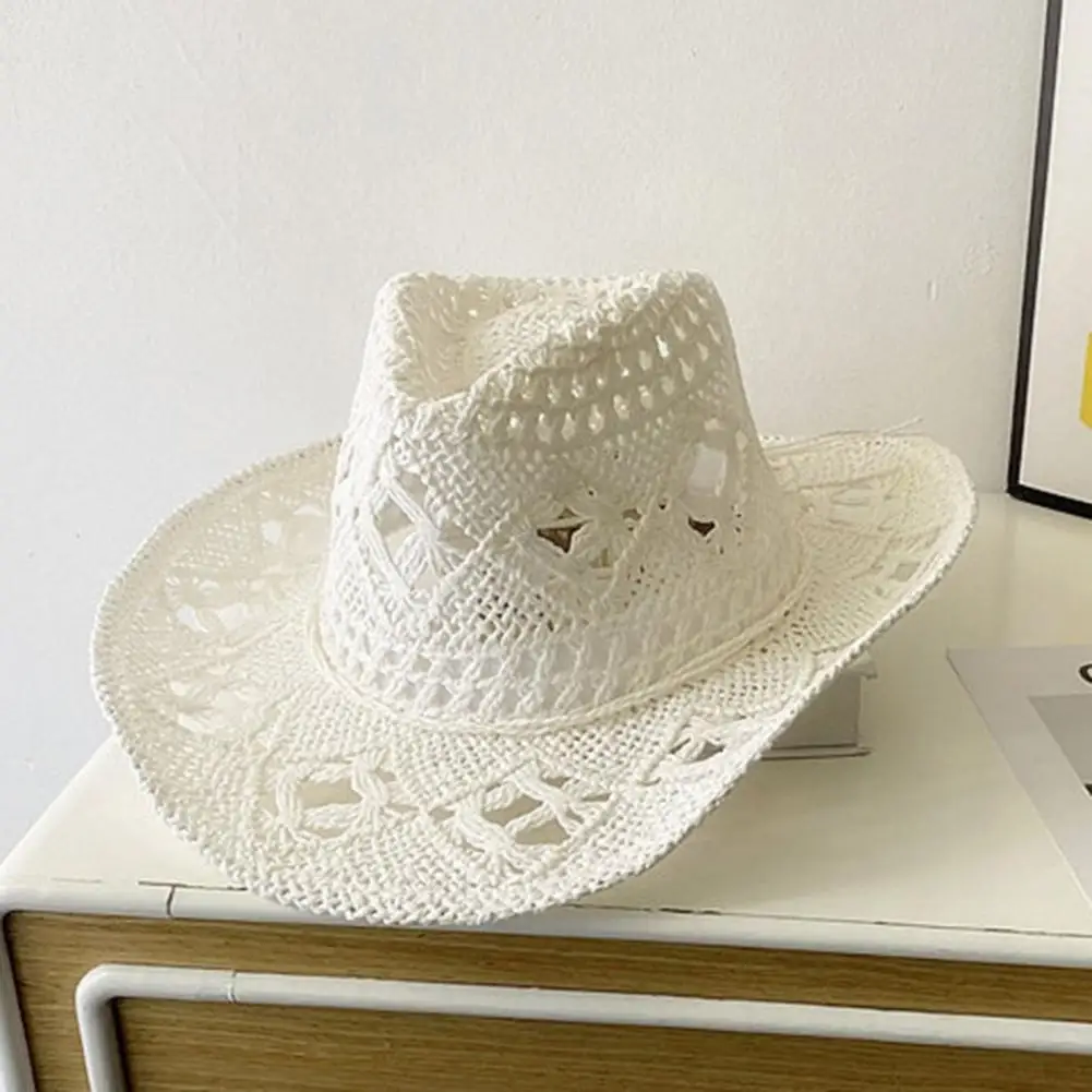 Women Cowboy Hat Unisex Hollow Out Summer Hat Solid Color Curled Edge Strap Jazz Hat Decorative Vintage Braided Straw Hat