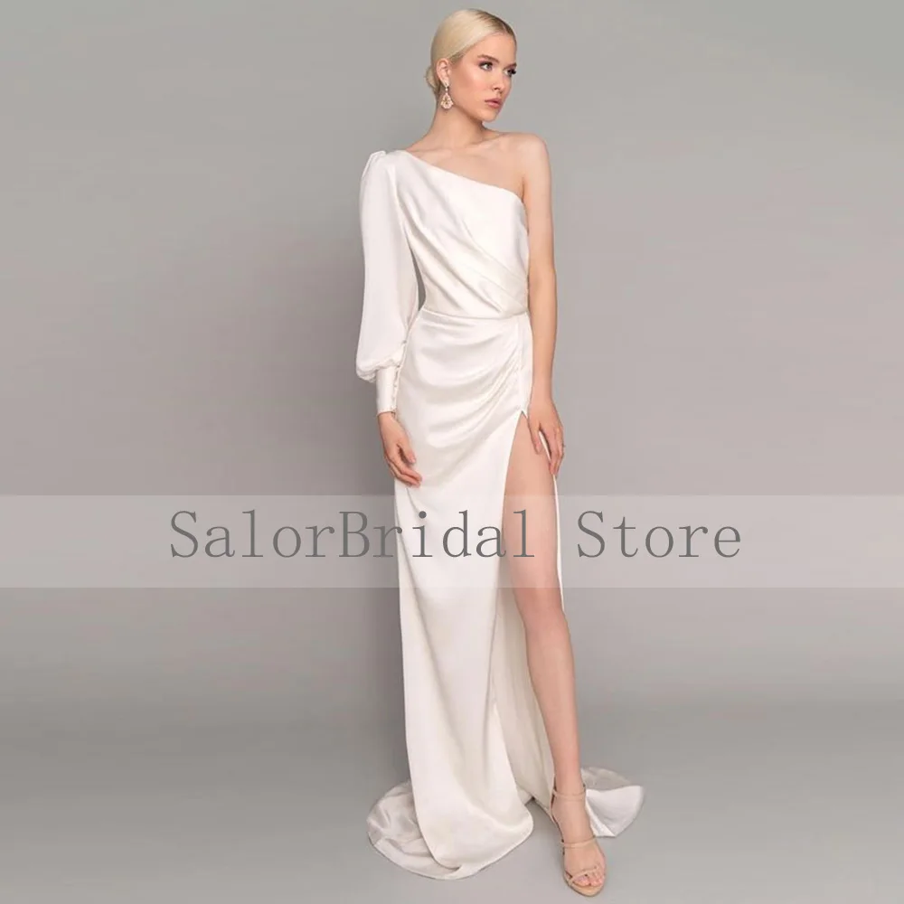 Einfache Hochzeit Kleid Weiß 2022 Schulter Langen Ärmeln Meerjungfrau Hochzeit Kleid für Frauen Braut Satin Seite Slit Vestidos de novia