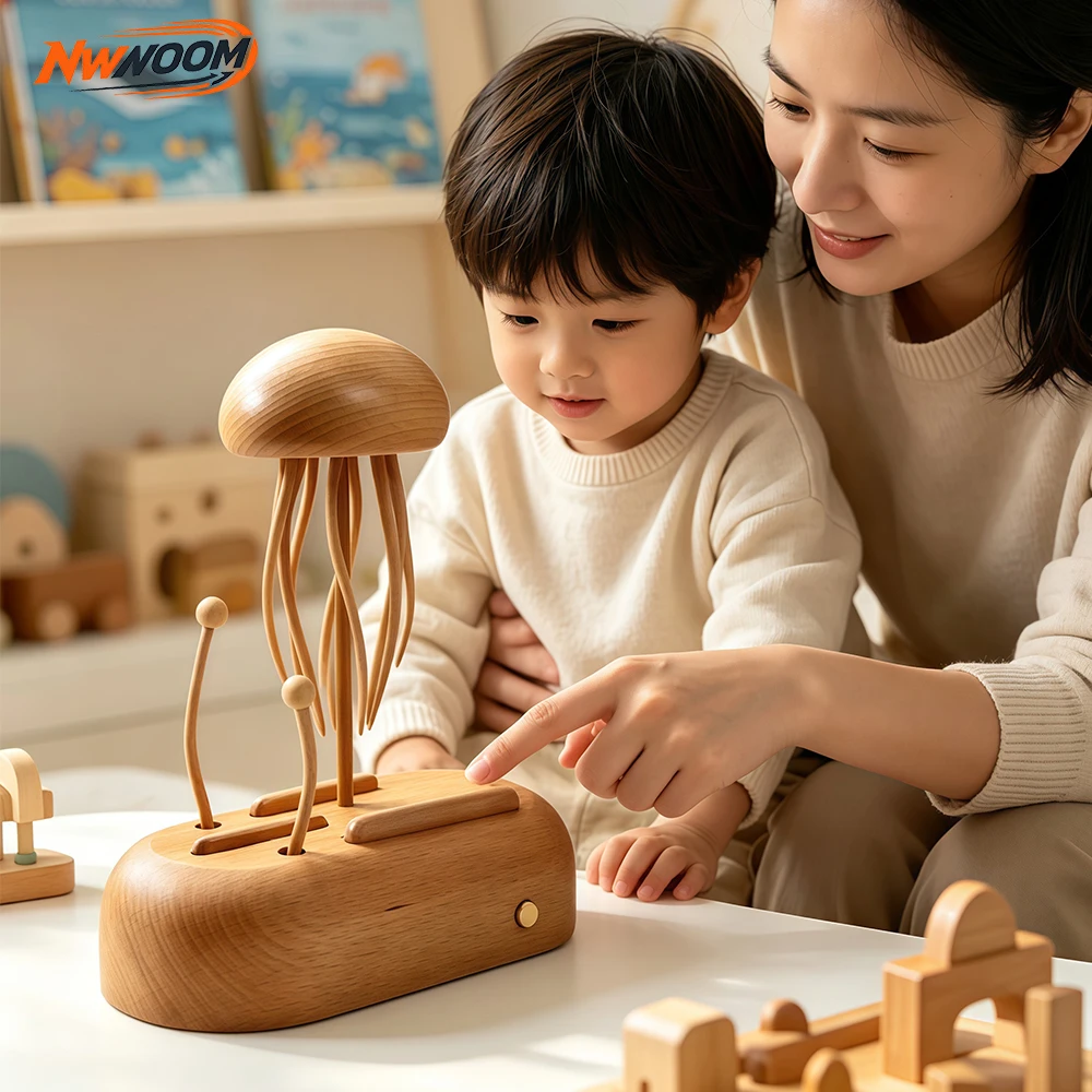 Handcrafted Wooden Jellyfish Automata Sculpture,Kinetic Mechanical with Moving Tentacles Desktop Ornament Home Office Decoration