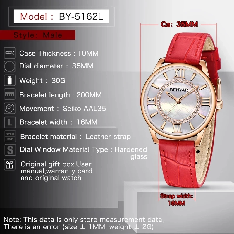 Benyar For Women Watch Fashion Elegant New Wristwatch Lady Top Brand Luxury Quartz Leather Waterproof Montres Femme Reloj Mujer