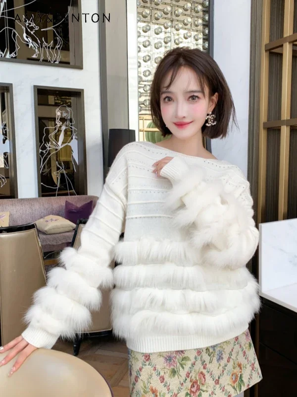 

Commuter Style Heavy Industry Hot Diamond Plush Splicing Fringed Knitted Sweaters French Graceful Socialite Oversized Sweater