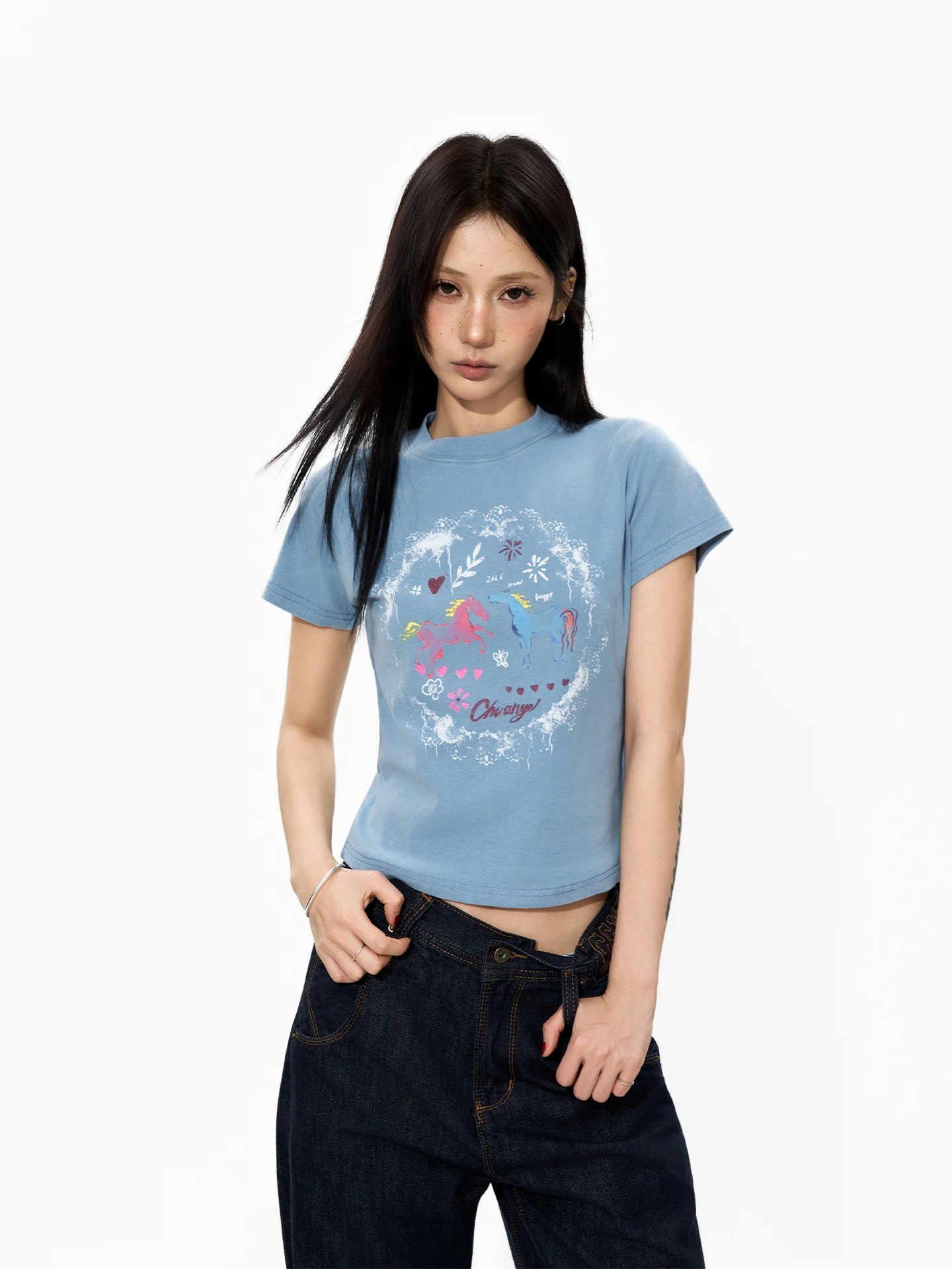 S3T5 Creative Chalk Painting  Print round Neck Short Sleeve T-Shirt Women's Summer Slim Fit Casual Top Trendy Design