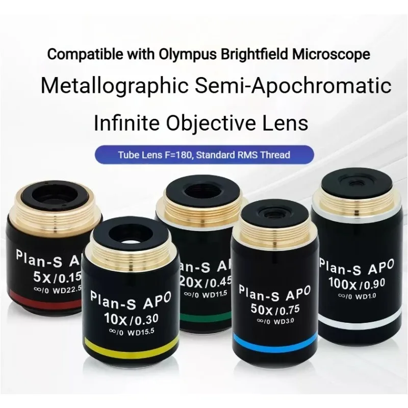 Objective Lens 5X 10X 20X 50X 100X Plan-S APO F180 Metallurgical Plan Semi-Apochromatic Infinity-Corrected Long Working Distance