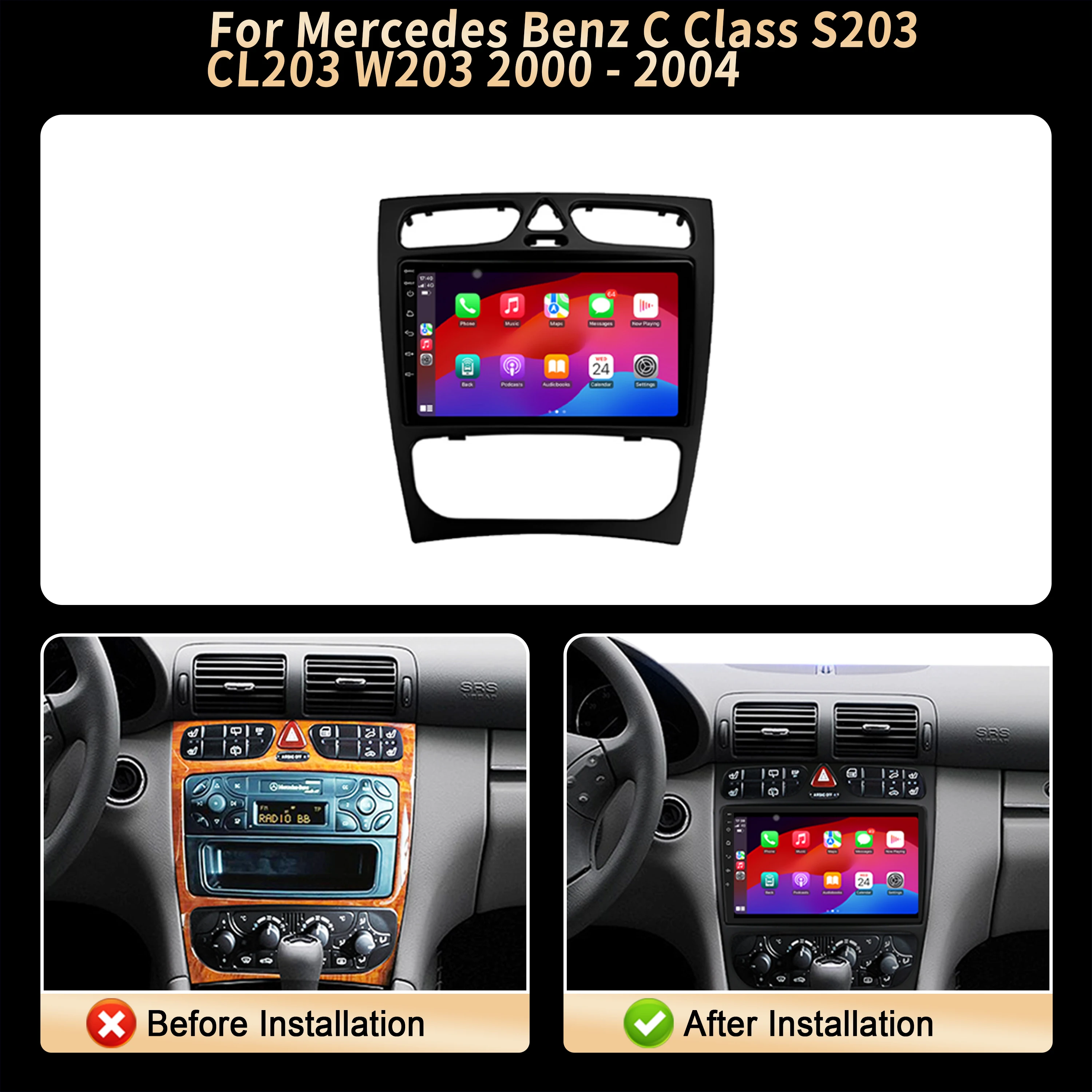 For Mercedes Benz C Class S203 CL203 W203 2000 2001 2002 2003 2004 Multimedia GPS Android Carplay 4G CPU 7870 2K QLED Screen view 2