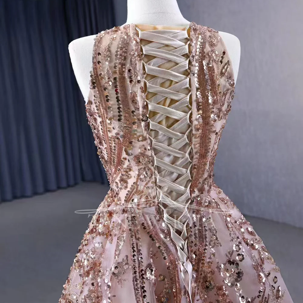 فستان سهرة بدون أكمام برقبة دائرية ورباط من الخلف ومطرز بالكريستال وقابل للتخصيص لملابس الحفلات