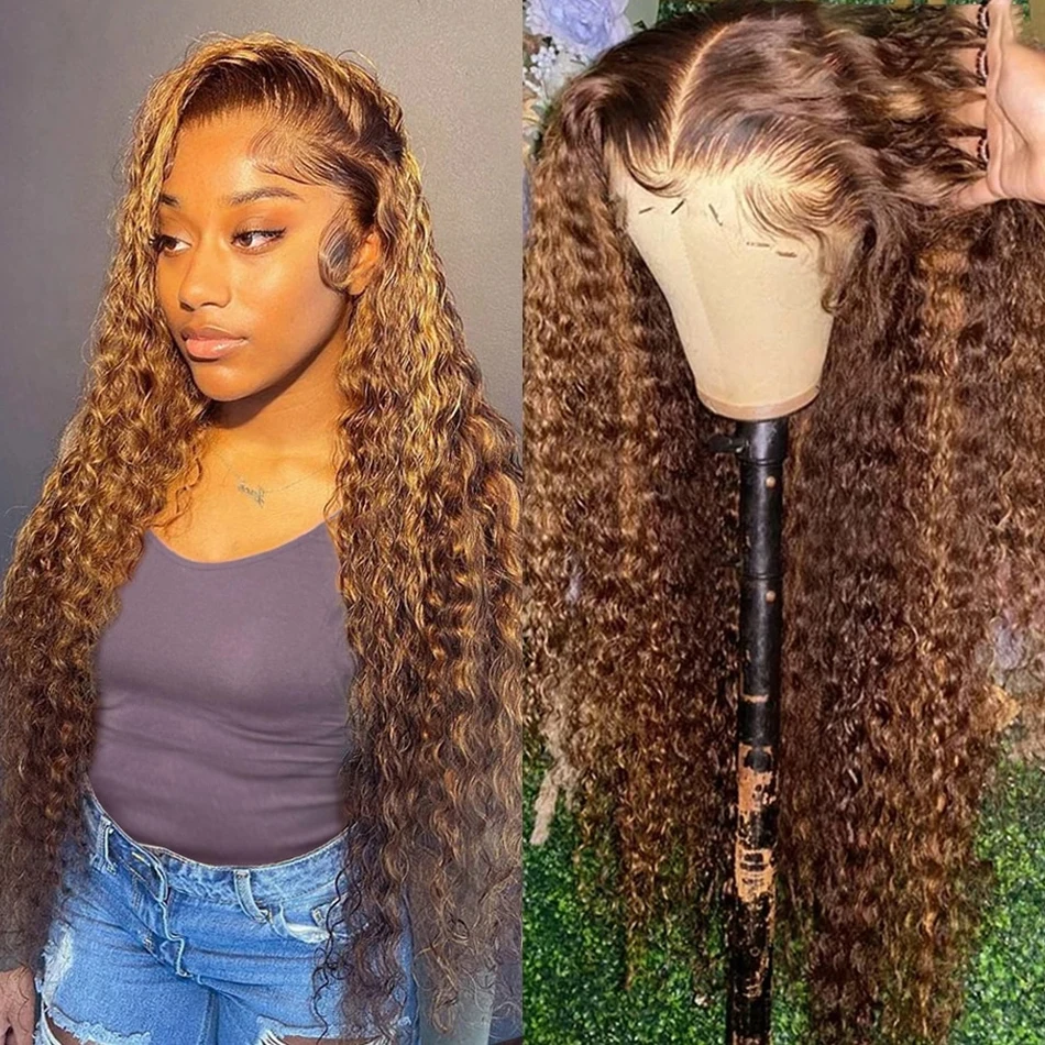 Perruque Lace Front Wig Deep Wave Brésilienne Naturelle, Cheveux Blonds à Reflets, 13x6, HD, Sans Colle, pour Femme