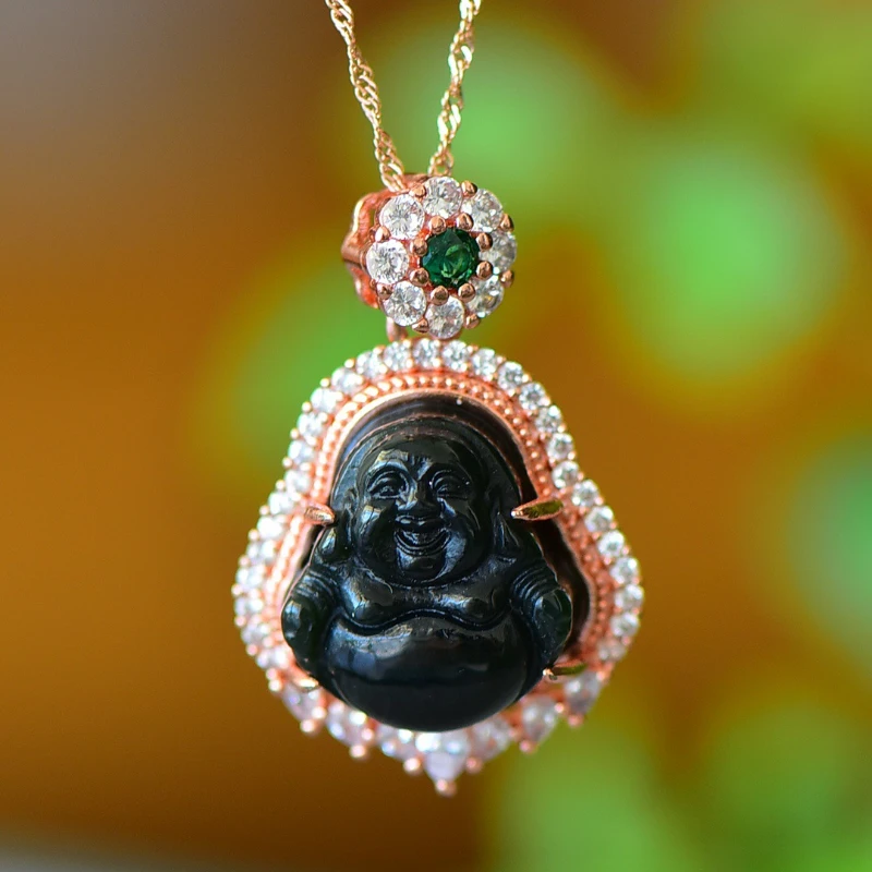 

Ancient inlaid natural Hetian jade Maitreya Buddha fashion pendant simple ethnic style women's collarbone chain