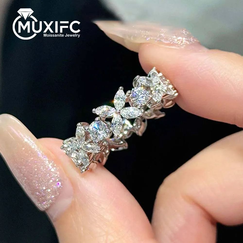 

MUXIFC Luxury Full Moissanite Ring for Women Flower Shape Color Lab Diamond Wedding Band 925 Sterling Silver Fine Jewelry Gift