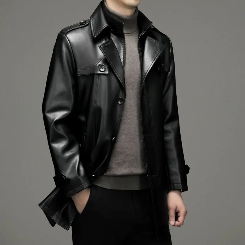 

Temperament Faux Leather Men's Autumn Winter Middle-aged Suit Collar Thickened Fleece Faux Goatskin Suit Fashionable Warm Coat