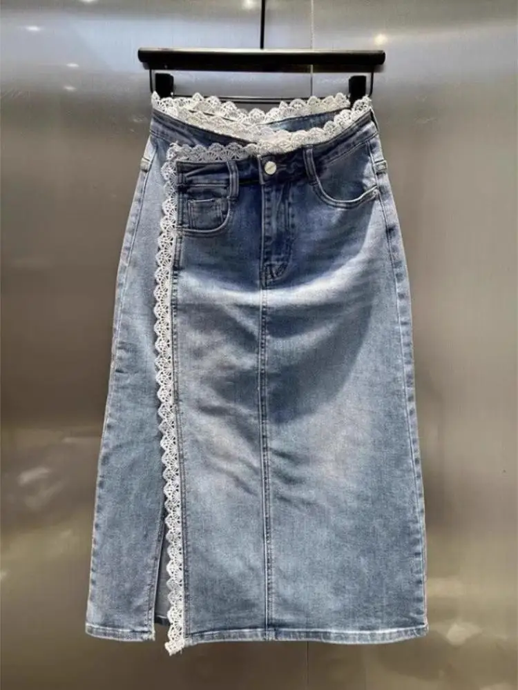 

Vintage Lace Denim Skirt Women's 2025 Summer New Fashion Age-reducing Sheath Split Mid-length Skirt