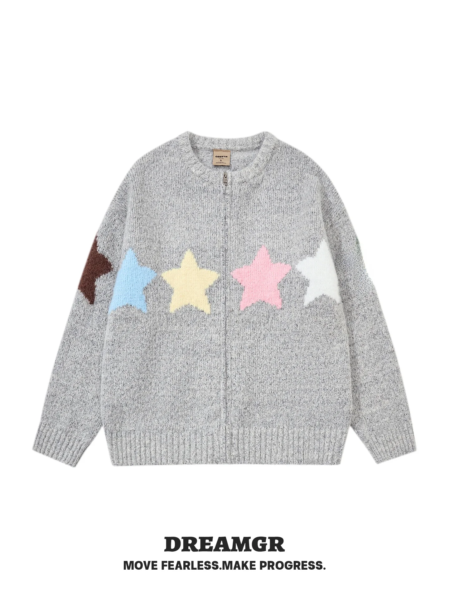 

Thiened Oversize Lazy Sle Knitted Sweater round Ne Zipper Closure Men's Women's Star Embroidery Winter Warm Ca...