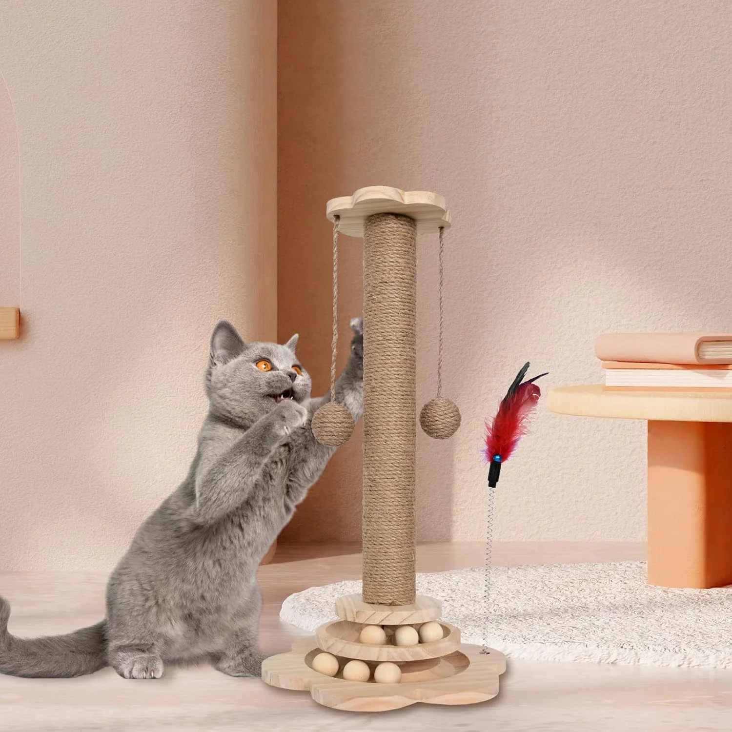 Odporne na zużycie drapak dla kota z sisalowym materiałem, wyposażone w obrotową piłeczkę, wiszące piłeczki, drapak z piórami i solidną drewnianą podstawą – idealne dla kotów domowych.