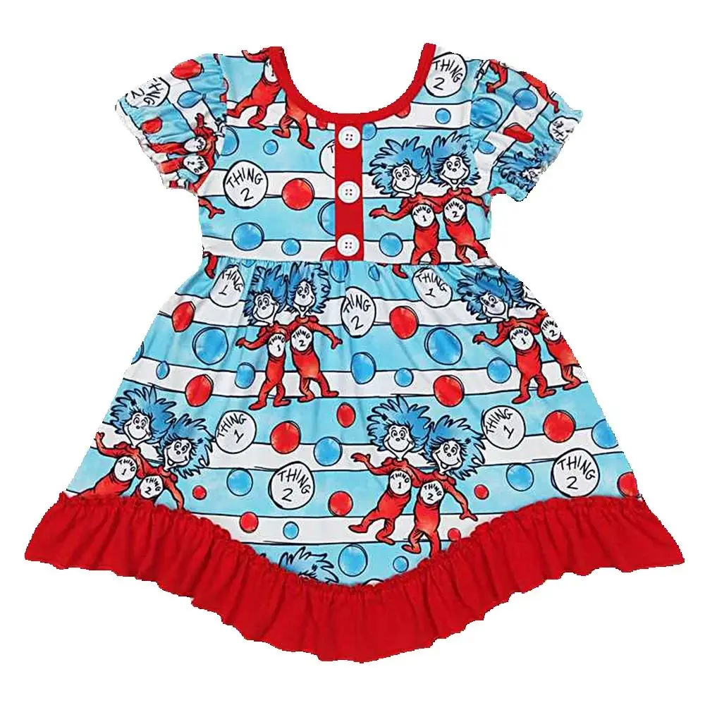 3.7 GSD0557 Blue White Stripes Red Ruffle Short Sleeve High Quality Children's Dress for Kids
