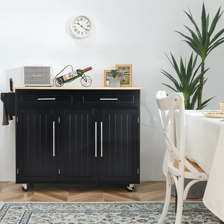 Kitchen Island Cart, Rolling Trolley with Lockable Casters, 2 Large Drawers, 3 Door Storage Cabinet, Towel Handle, Knife Block