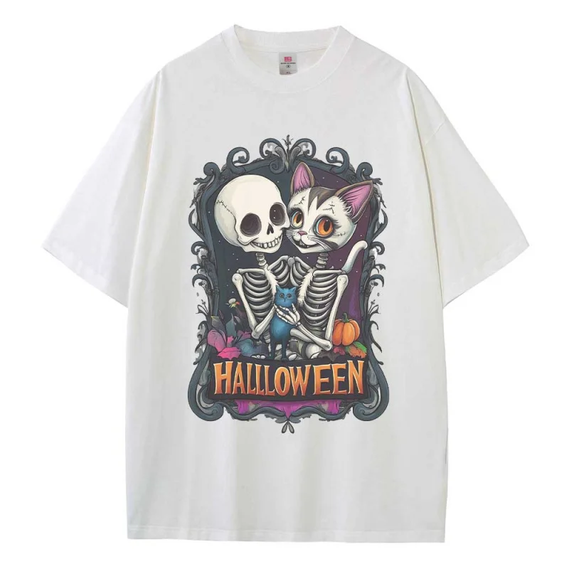 Baggy T Shirt Cotton Graphic Tees Designer Clothes Halloween Skeleton Cat Dropped Shoulder Vintage Unisex Tops Oversize T Shirts