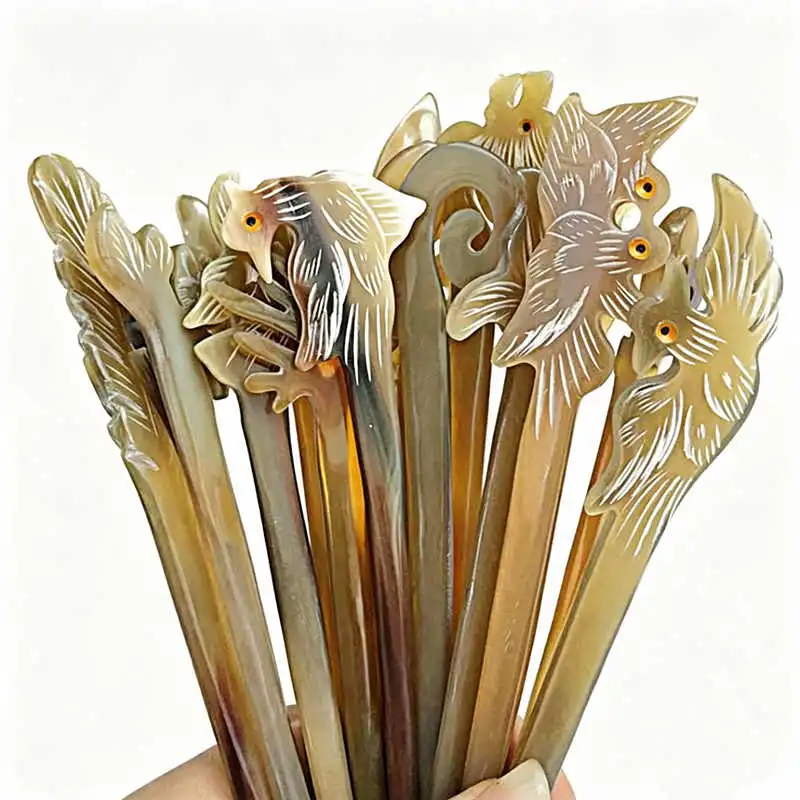 10PCS Hairsticks Natural Ox Horn Carved Hairpins for Lady Many Designs L069