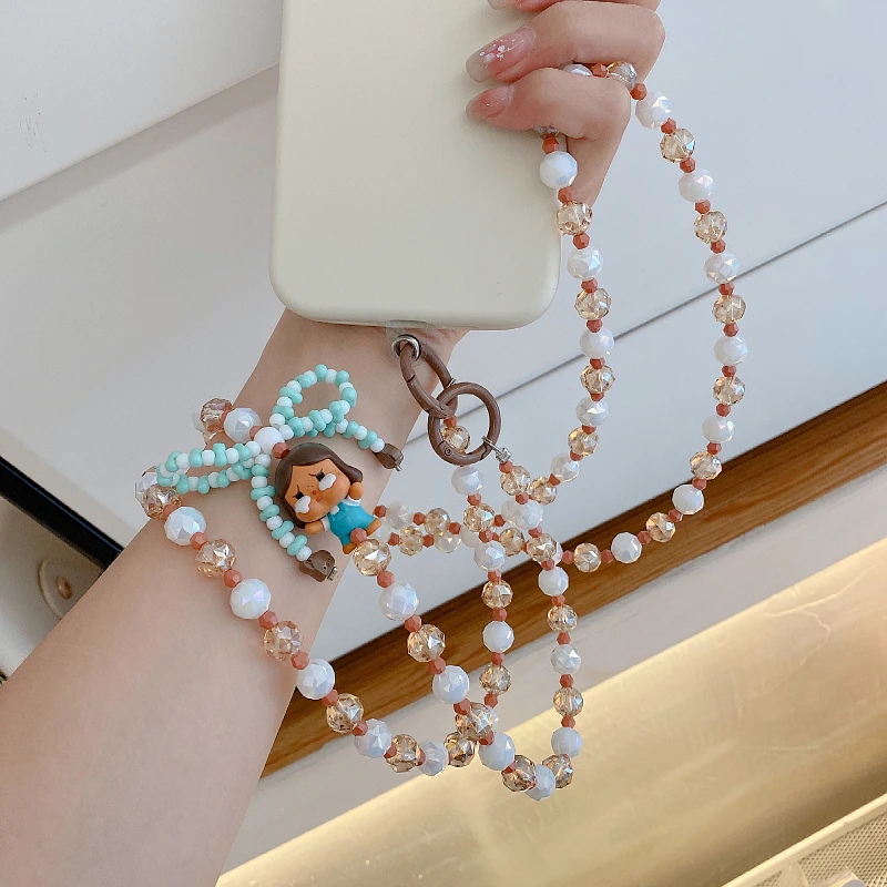 POP BEAN Diy Mobile Phone Corssbody Lanyard Straps Candy Beaded Color Pearl Bracelet Chain For iPhone15 Pro Max Samsung Flip 6 5