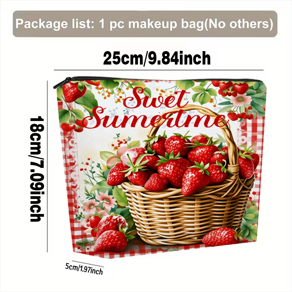 Strawberry Basket Floral Red Checkered Makeup Bags for Girls Cosmetic Pouch Toiletry Bag Pencil Case Travel Storage
