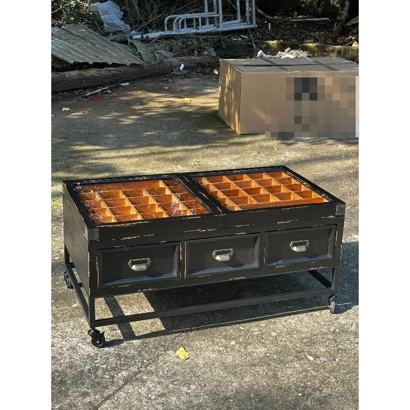 Mid-century Solid Wood Cabinet, Dual-sided 6 Drawer Compartment Treasure Chest Coffee Side Table