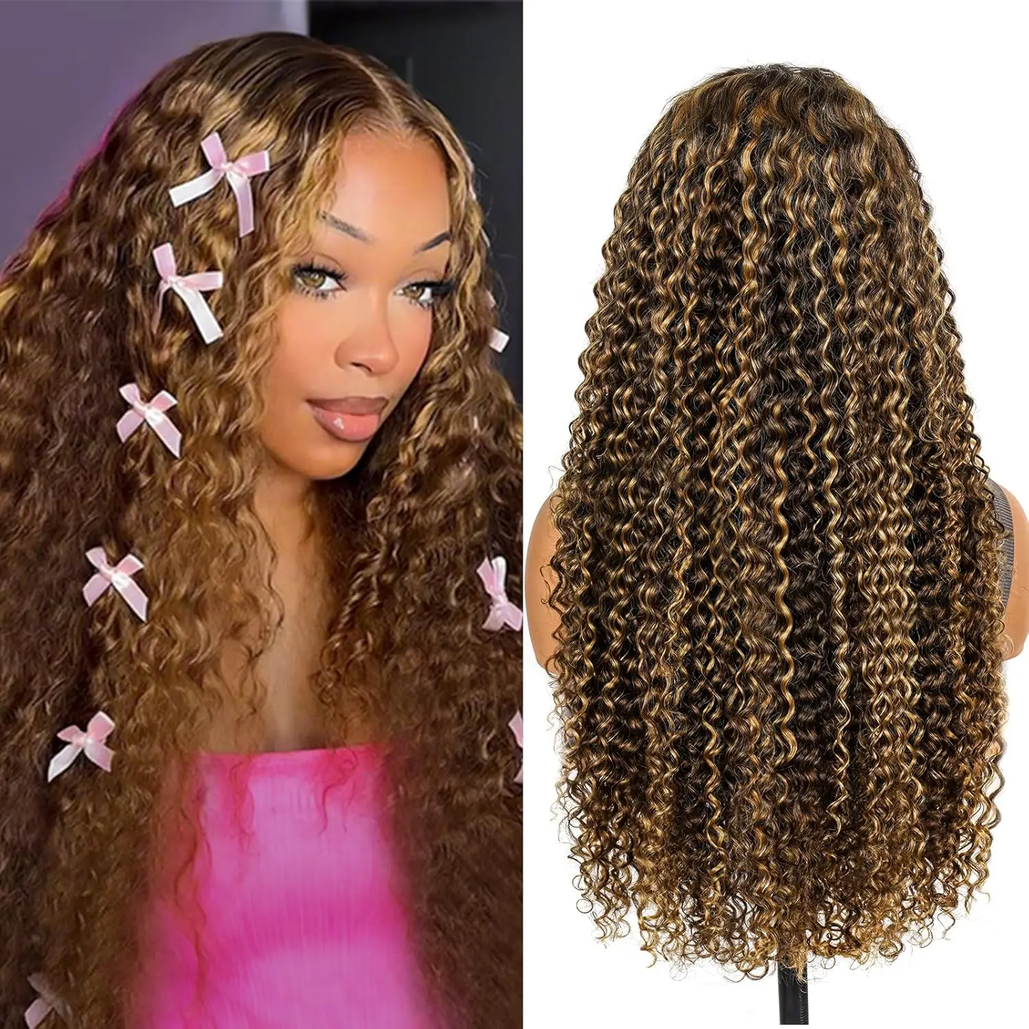 30-дюймовый Highlight Ombre Lace Front Wig Blonde Curly 13x6 HD Медовый Блондин 4/27 Глубокие Волны Парики Фронта Шнурка Человеческие Волосы Плотность 200%