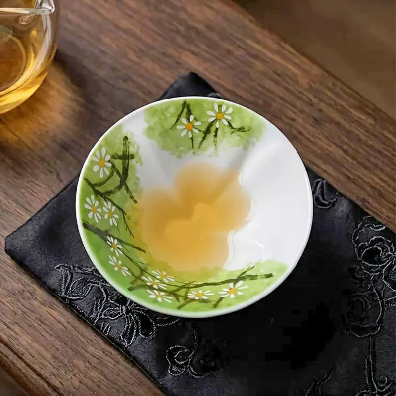 High Gloss Daisy Gourd Ceramic Tea Cup Fortune Pattern Portable Personal Tasting Cup Home Daily Tea Drinking Decor