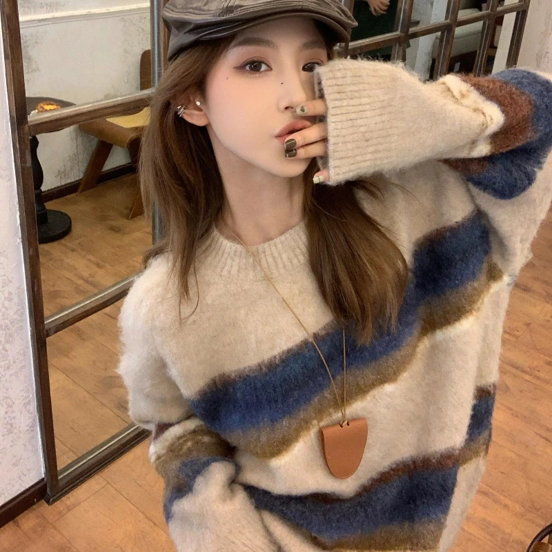Pullover Frauen Gestreiften Oansatz Verdickt Gestrickte Weiche Alle-spiel Herbst Winter Pullover Ins Koreanische Mode Sanfte Stilvolle Chic