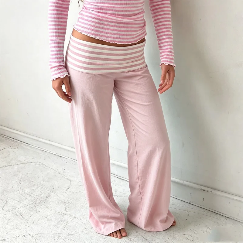 Y2K Fold Over Stripe Waist Pants Women Low Rise Wide Leg Trousers Aesthetic Grunge Loose Sweatpants Streetwear