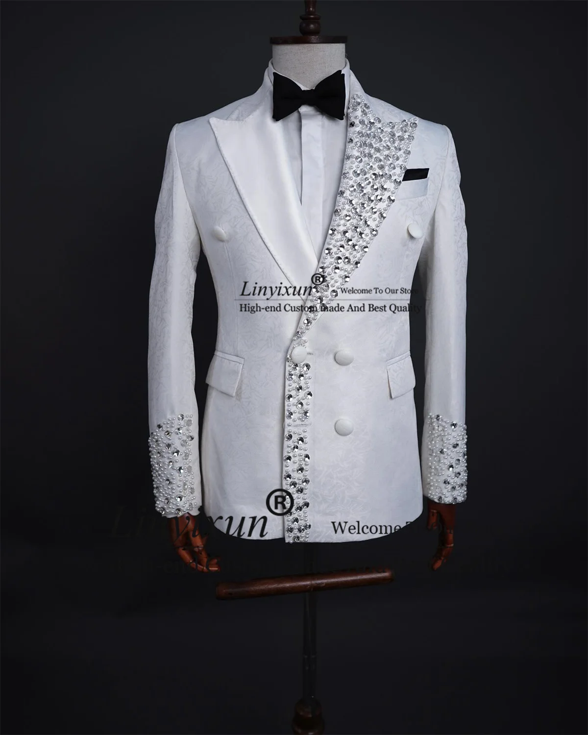 Whit Jacquard Tuxedos Men Suits Luxury Beaded Crystal Groom Wedding 2 Pieces Sets Male Prom Blazer traje de hombre elegante