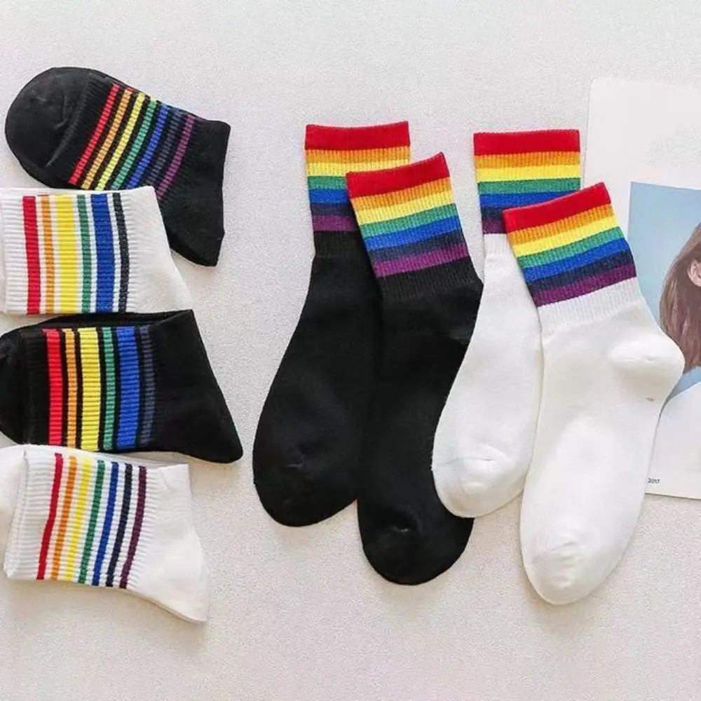 

6Pairs Cozy Multicolor Rainbow Stripes Socks Mid-calf Breathable Rainbow Tube Sock Y2K Patchwork Cotton Socks Outdoor Sports