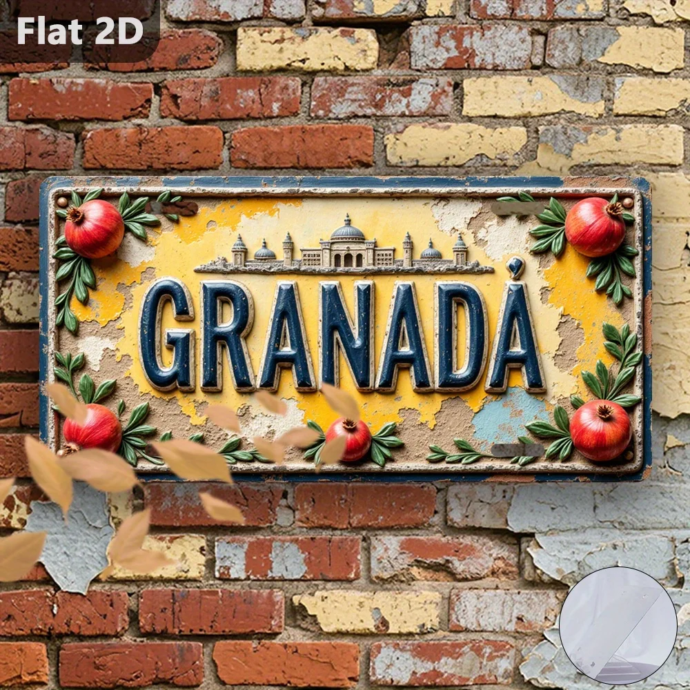 2D Flat, 1 Retro Granada Grapefruit Sign- Spanish Travel Souvenir, 30.48cm X 14.99cm Aluminum Wall Decoration with Vivid City Sc