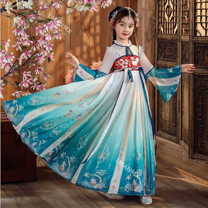 Chinese Hanfu Dress Girls Children`s Carnival Halloween Cosplay Costume Birthday Party Hanfu Gradient Blue Dress For Girls 3-13Y