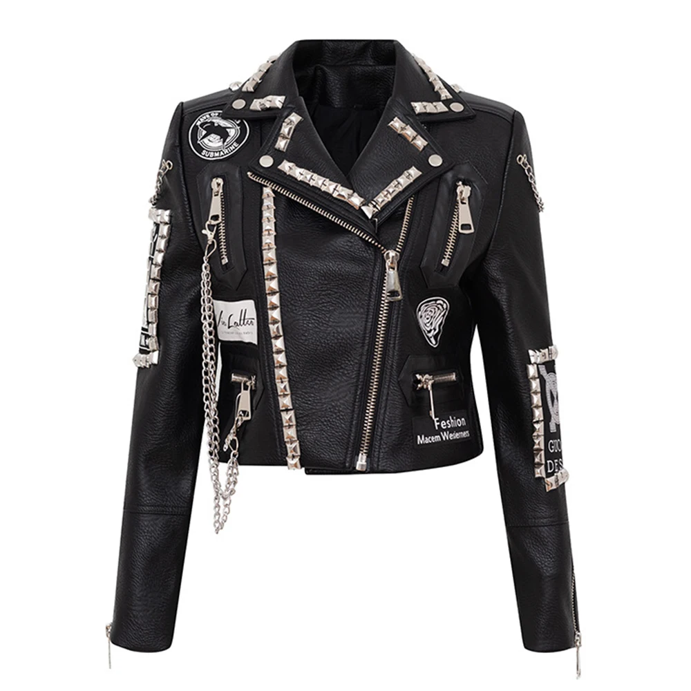 Women's Motorcycle Jacket Rock Woman's Biker Coat PU Material  Rock Jacket Long Rivet Motorcycle Jacket Wear Resistant S-XXXL