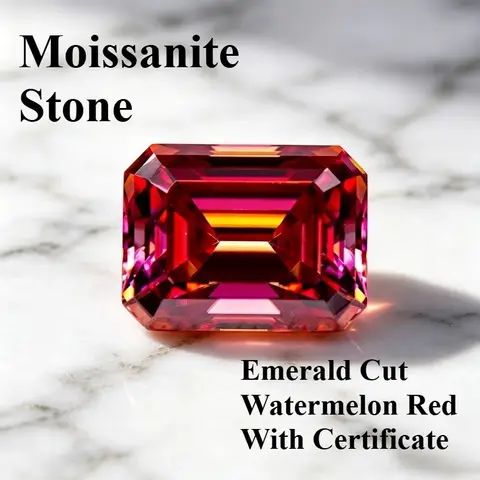 Pierre de Moissanite taille émeraude rouge pastèque, breloques en pierre précieuse pour la fabrication de bijoux DIY, matériaux qui passent le test du diamant avec certificat