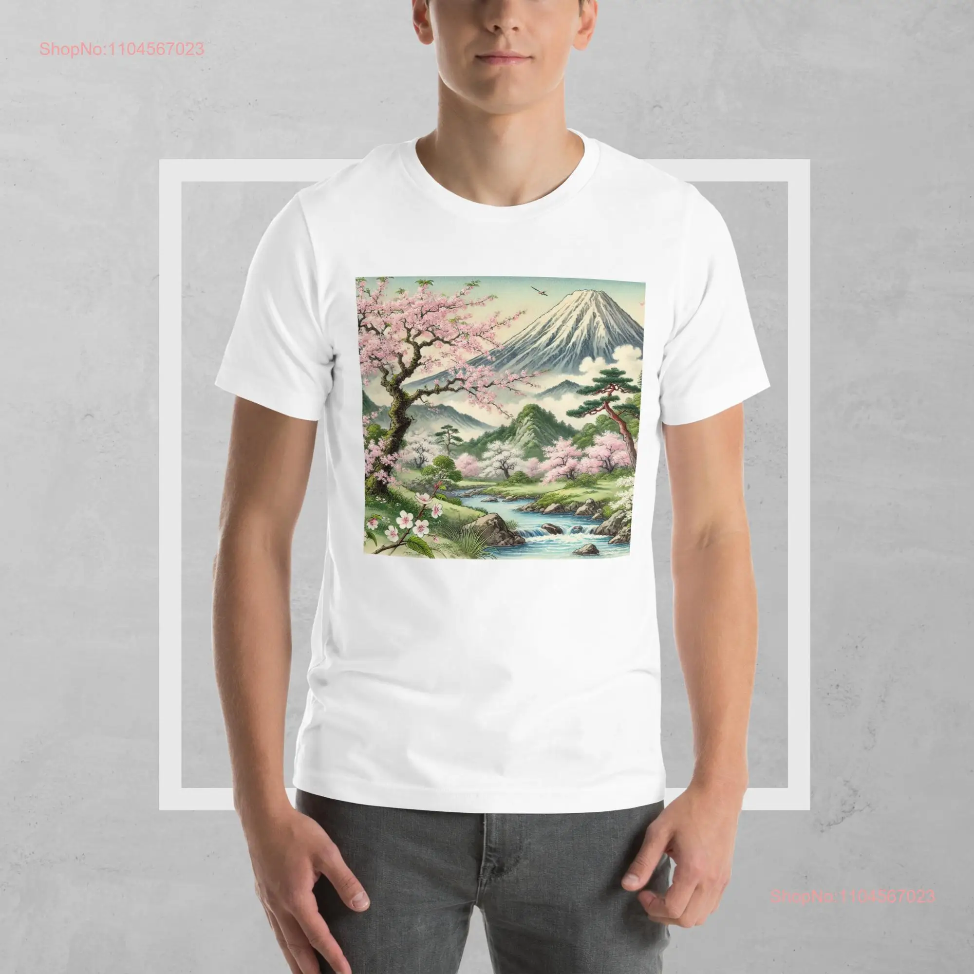 تي شيرت ساكورا جبال اليابان بأكمام طويلة أو قصيرة