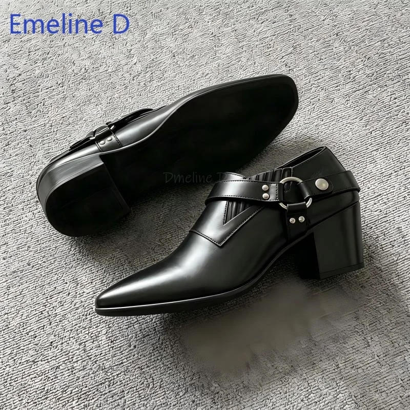 Trendy Men Short Ankle Boots Pointed Toe Thick Block Heel Metal O Ring Buckle Strap Rivet Embellish Elastic Fashion Boot Shoes