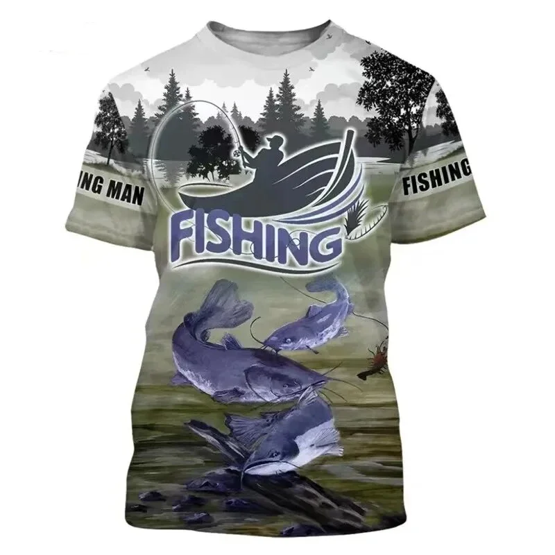 Camiseta cómoda informal para hombre, camiseta deportiva ajustada con estampado de elementos de pesca en el bosque, transpirable, de manga corta, a