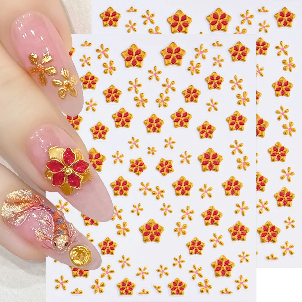 1 stücke Gold Fünf-blütenblatt Blume Nagel Aufkleber 3D Metall Glitter Blüte Fünfzackigen Stern Geformt Nagel abziehbilder DIY Herbst Nagel Dekor