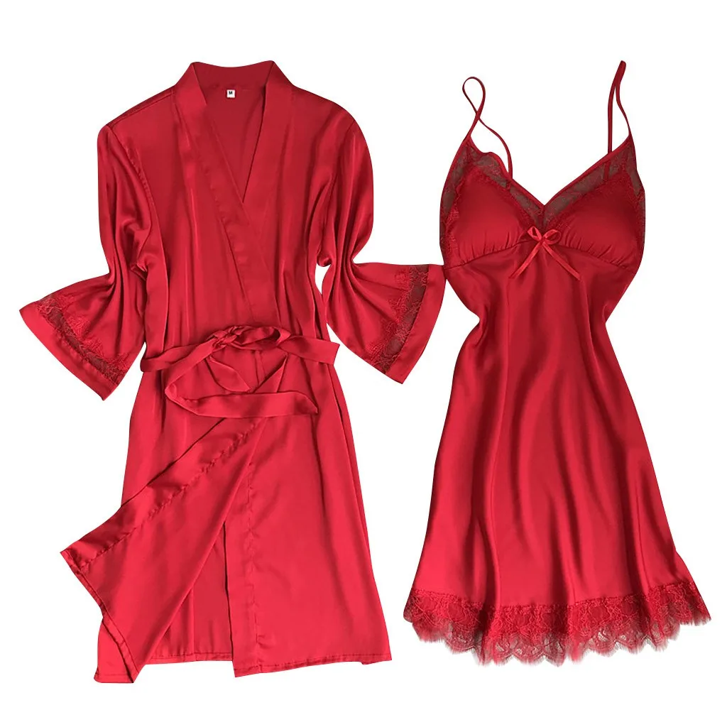 Robes Nightdress Underwear Pajamas Women Satin Lingerie Silk Sleepwear Sexy Nightie And Robe Set Sexy Bunny Outfit