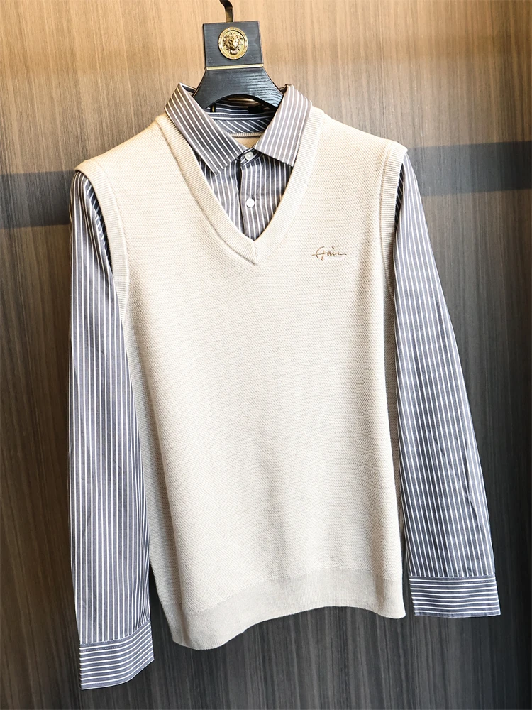 

H-Home Knitted Texture! Fake Two-Piece Design! Autumn Winter Men's Busin Collar Knitted Sweater Casual Faion Polyester F...