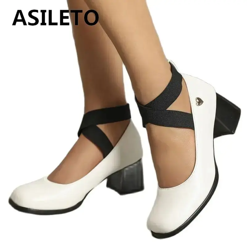 ASILETO Mary Janes Female Pumps Square Toe Block Heels 5.5cm Strap Plus Size 46 47 Heart Metal Decor Daily Shoes White Black