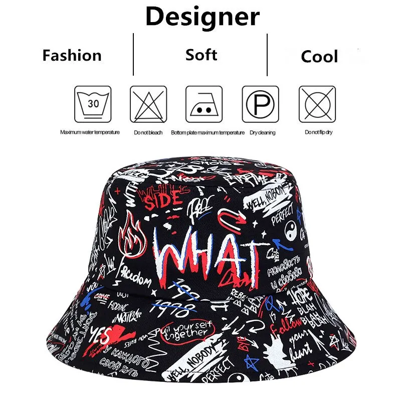 Unisex Letter WHAT Printing Personality Bucket Hats Fishermen Caps Outdoor Casual Cap Sunscreen Hat