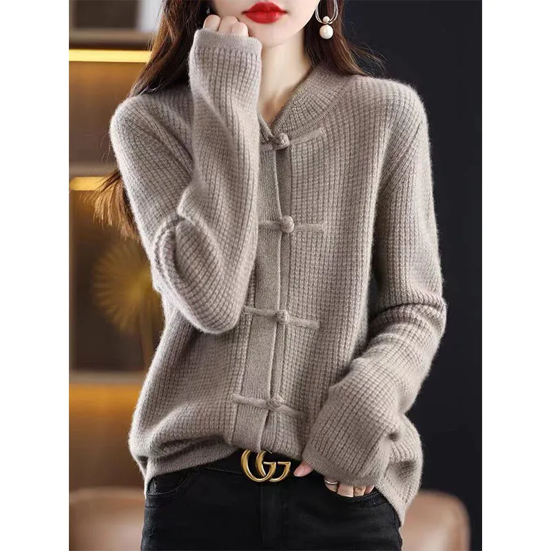 

Chinese Style Autumn Winner Sweaters Coats Women Solid Stand-up Collar Frog Vintage Fashion Long Sleeve Cardigan Knitted Tops