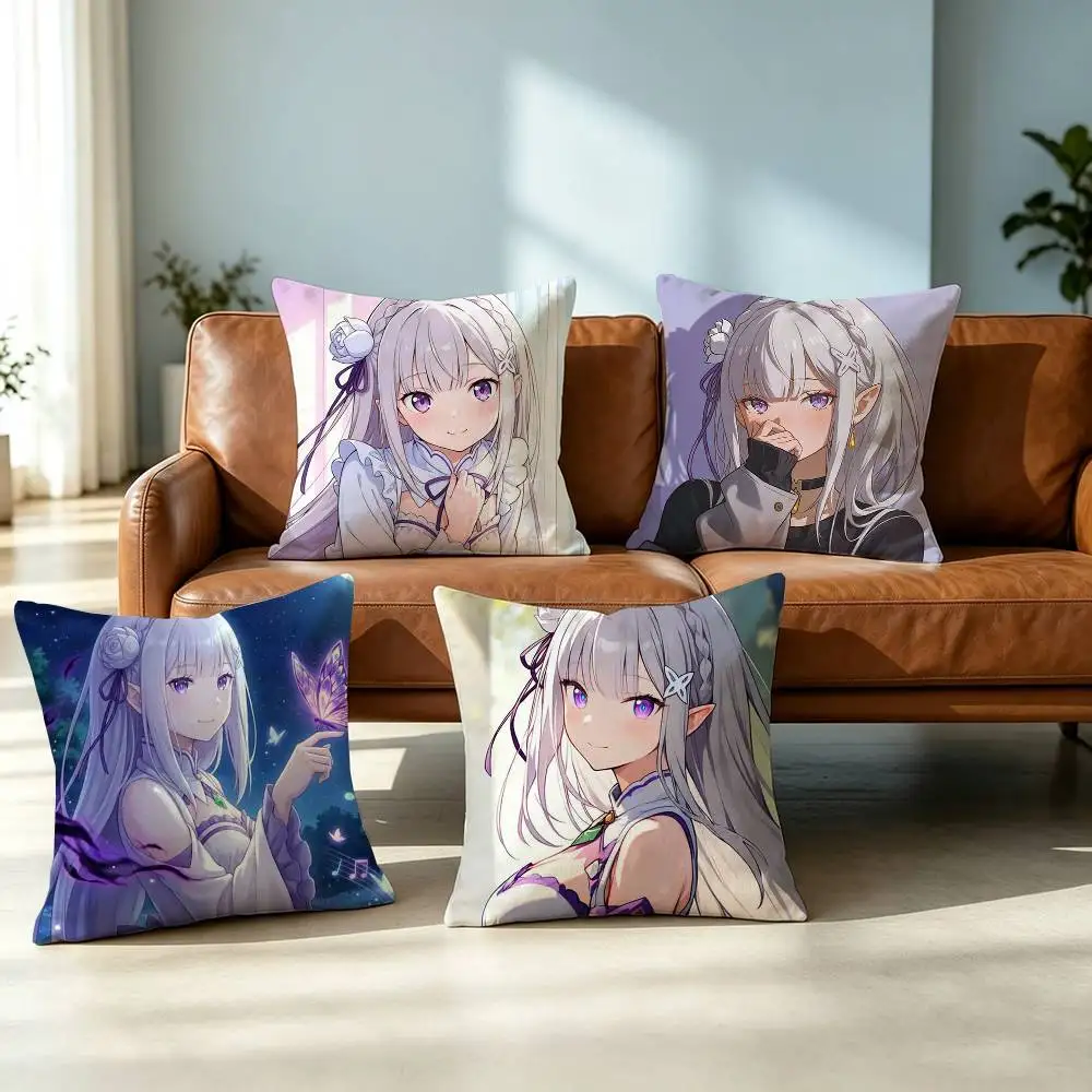 Anime R-Re Zero E-Emilia Pillow Case Square Double-Sided Sofa Cushion Cover Bedroom Bedside Pillow Gift