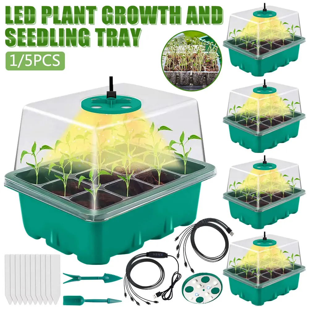 

1/5pc Seedling Tray Full Spectrum 8LEDs Grow Light Plant Seed Starter Trays Greenhouse Growing Trays with Holes 12 Cell Per Tray