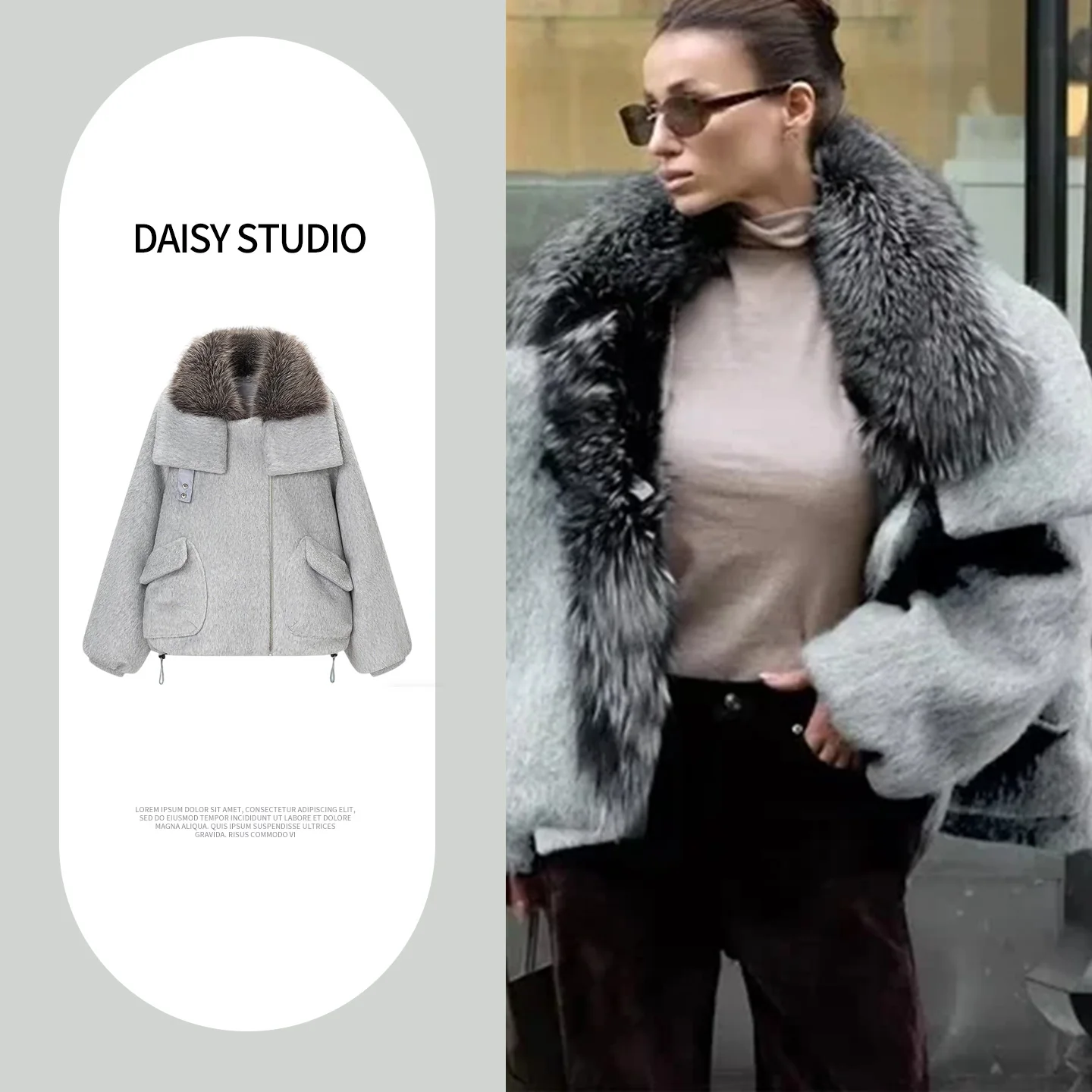 

Spring New Women's Zipper Collar Long Sve Detachable Fur Trim Woolen Cotton Jaet Polyester Fiber 00% European Sle