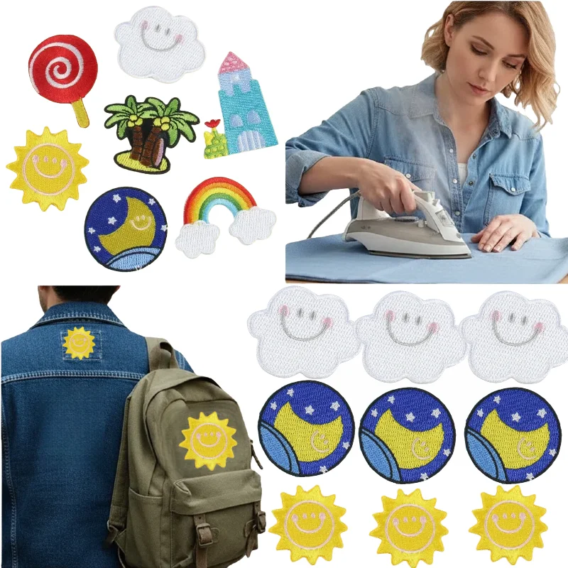 

Тканевая наклейка с вышивкой в виде мультяшного солнца и радуги, аксессуары для детской одежды, клейкая нашивка «сделай сам»