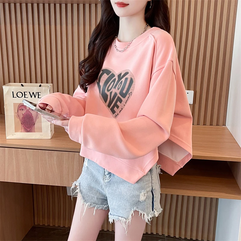 Autumn 2024 new front short after long printed hoodie woman
