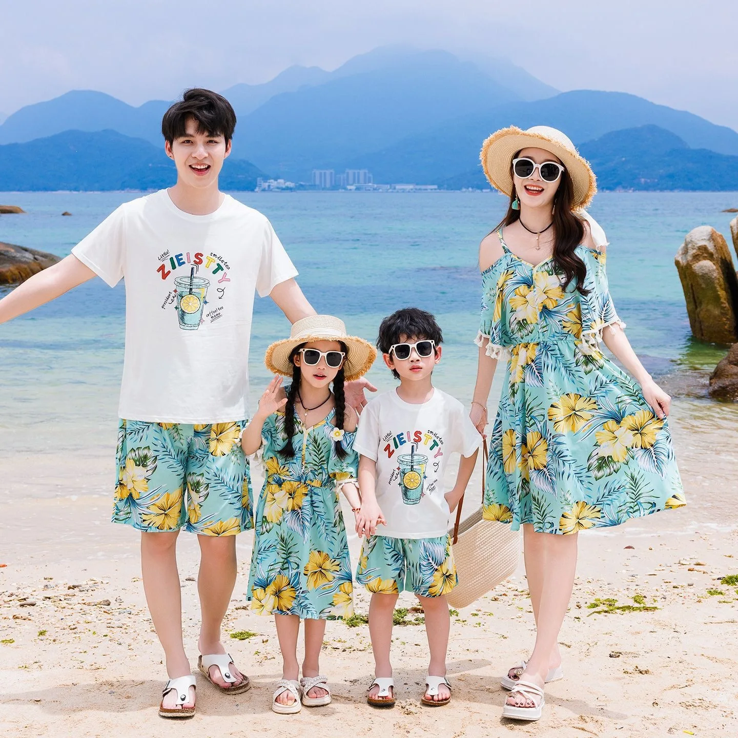 Vacation Family Matching Couple Clothes Resort Mom Daughter Shoulder Tassel Midi Sundress Dad Son T Shirt Shorts Beach Outfit