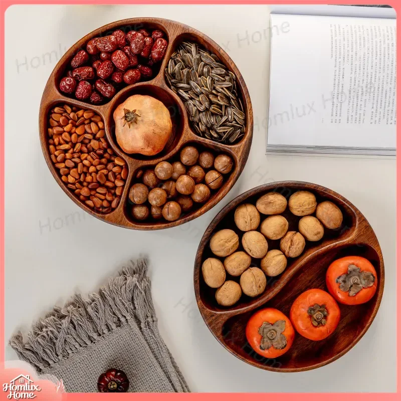 South American Walnut Wood Fruit Plate Grid Design Dried Fruit Snack Serving Tray Solid Wood Melon Seeds Dish for Living Room