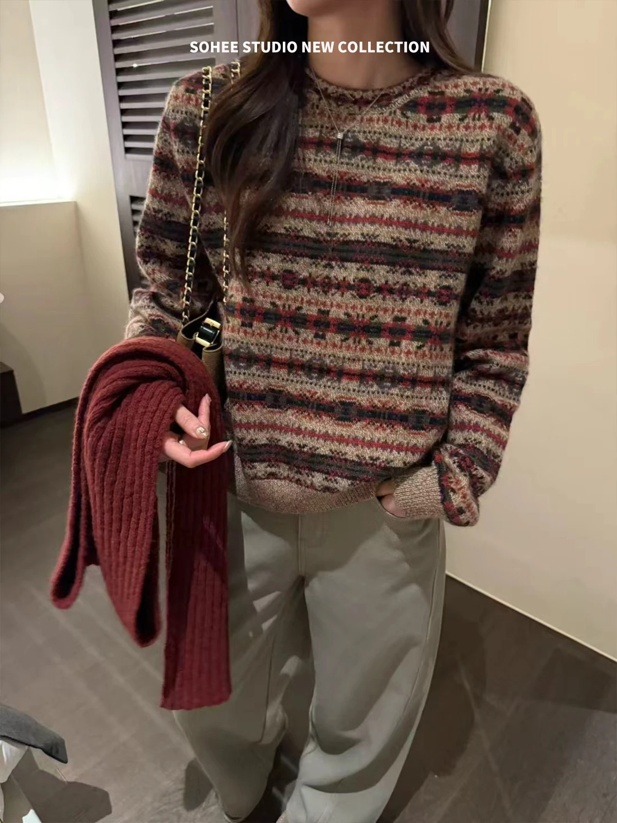 

SOHEE Ретро-свитер из шерсти с узором Fair Isle, разноцветный, повседневный женский топ, мягкий, теплый, с длинными рукавами, круглым вырезом